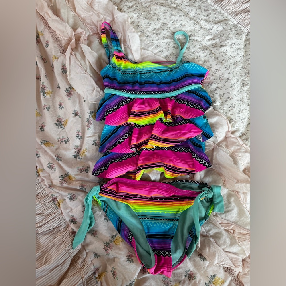 Justice Neon Bright Rainbow color Ruffle Swimsuit 8
